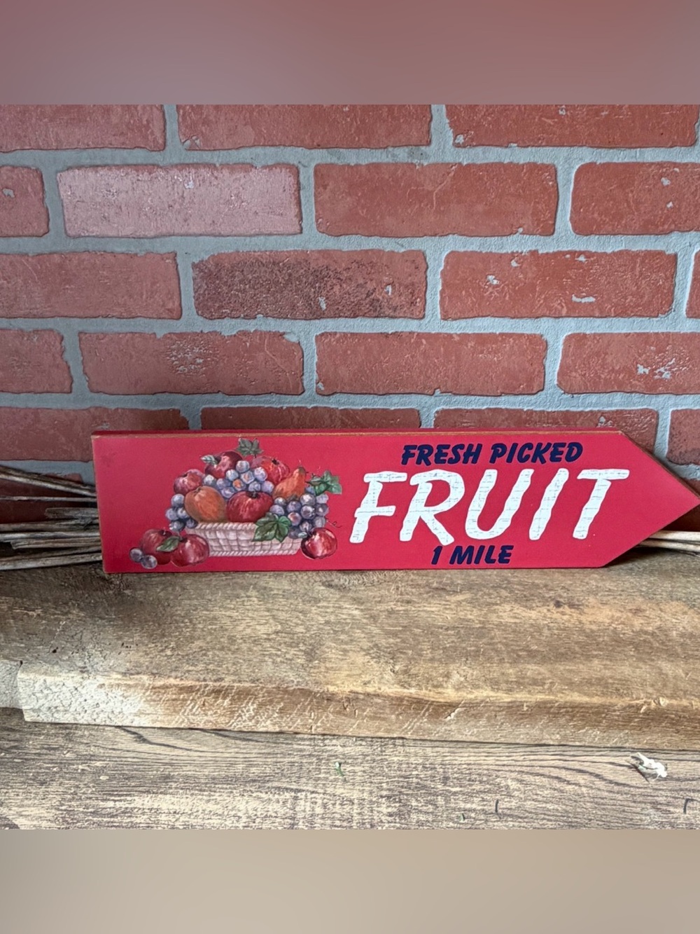 Vintage Wooden Fresh Picked Fruit 1 Mile Directional Arrow Sign Rustic Country